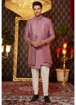 Art Silk Pink Wedding Wear Thread Work Readymade Indo Western Sherwani